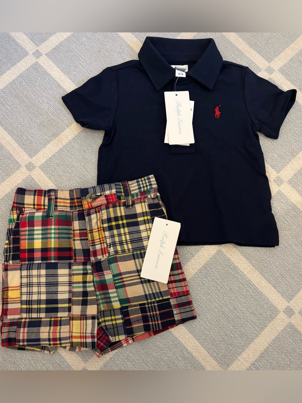 Ralph Lauren Baby Outfit Set - Navy Polo and Red Plaid Shorts - 9M - NWT